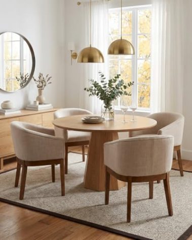 RIVOVA Beige Mid Century Modern Dining Chairs Set of 4, Farmhouse Linen Upholstered Accent Curved Backrest Kitchen Chairs Armchairs with Natural Wood Legs, Beige