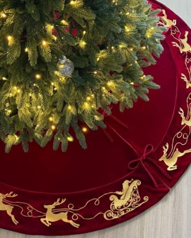 Starry Dynamo 72-Inch Velvet Christmas Tree Skirt with Gold Reindeer and Santa’s Sleigh Embroidery, Lace Tie Closures, Wine