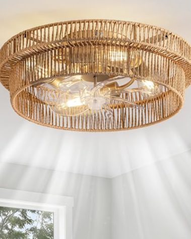 DARYEWO Rattan Boho Ceiling Fan with Light Flush Mount, 20 Inch Caged Ceiling Fans with Light and Remote Control, Low Profile Enclosed 6 Speeds for Bedroom, Nursery, Living Room, E26 Base (Brown)