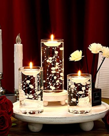 Hoolerry 9 Set Glass Cylinder Vases for Centerpieces, Multiple Size Clear Hurricane Candleholder with Floating Candles Artificial String for Wedding Table Decor(4",4.7", 6",White)