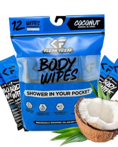 The Klean Freak Body Wipes - 12 count Individually Wrapped | Showerless Body Wipe for Women & Men | Sustainable Bodywipes for Gym, Travel, Camping | Coconut