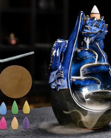 HaisWonsa Dragon Incense Burner - Ceramic Backflow Waterfall Burner with Dragon Smoke Fountain, Incense Holder, Cones & Tweezer & Fire Mat for Aromatherapy/Yoga/Home/Office Deco