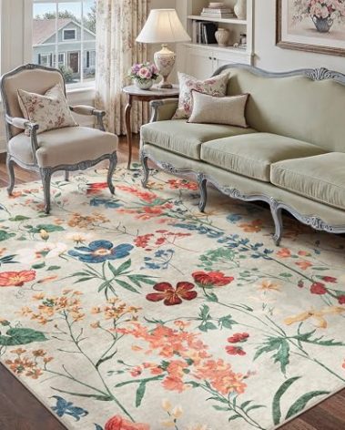 PureCozy Beige Area Rug 5x7 Floral Washable Living Room Kitchen Boho Carpet Non Slip Low Pile Indoor Accent Lightweight Soft Throw Rug for Bedroom Office Dining Room Nursery Farmhouse