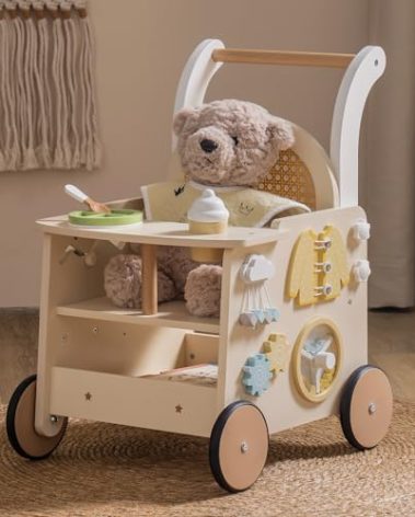 ROBOTIME Wooden Baby Walker, Baby Push Walker, Baby Activity Center Toys - Toddler Walking Activity Center Push Toys with Safety Brake, Baby Walker for Motor Skills (Rattan Doll Walker)