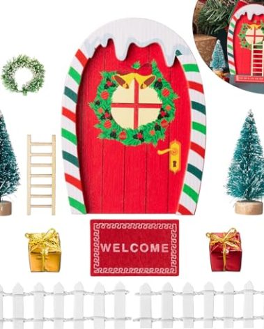 Haooryx 10Pcs Christmas Magic Miniature Tiny Fairy Wooden Doors Decorative Accessories, Welcome to Dollhouse Mini Entry for Fairies Magical Door Christmas Decorations Xmas Decor