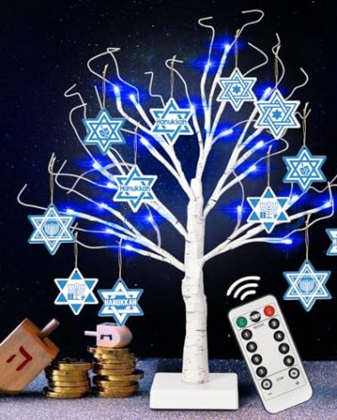 [Timer] 24'' Hanukkah LED Lighted Birch Tree with 12pcs Ornaments,8 Lighting Modes Blue Lights Tabletop Pre Lit Tree Light for Christmas Hanukkah Decor