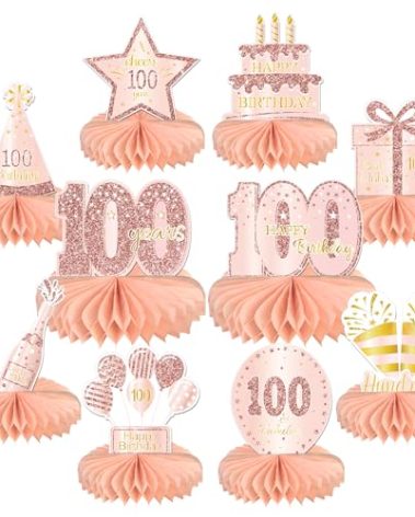 10PCS 100th Birthday Decorations Centerpieces for Table Decorations,Rose Gold Pink Happy 100th Birthday Honeycomb Table Topper Birthday Party Decoration for Women (Rose Gold & Pink, 100 Years)