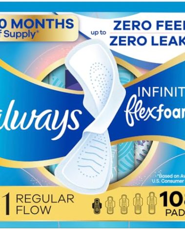 Always Infinity Feminine Pads for Women, Flexfoam Pads with Wings, Size 1, Regular Absorbency, Unscented, 108 Count (3 Packs of 36)