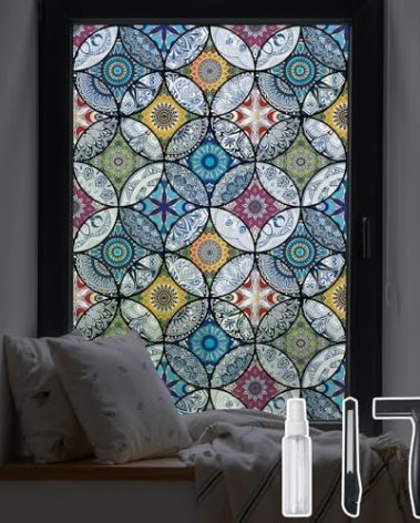 DKTIE Static Cling Decorative Window Film with Installation Tools Non Adhesive Privacy Film Stained Glass Window Film for Bathroom Shower Door Heat Cotrol Anti UV 17.7 x 78.7 Inch