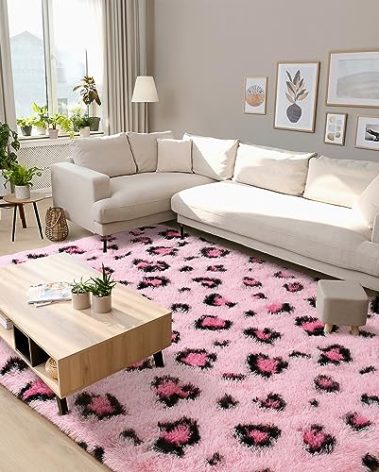 Living Room Area Rug - 6x9 Kids Room Fluffy Bedroom Pink Leopard/Cheetah Print Fuzzy Nursery Rug for Girls & Boys - Modern Faux Fur Washable Carpet