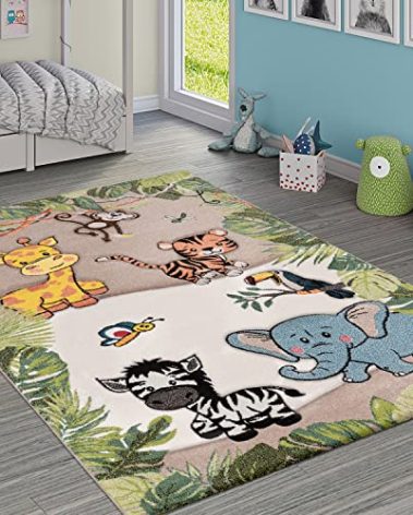 Paco Home Nursery Rug for Kids - Jungle Animals Giraffe Lion Monkey in Beige, Size:2'8" x 4'11"