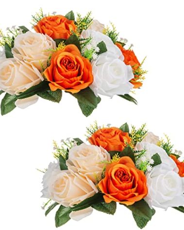 NUPTIO Flower Balls for Wedding Centerpieces: 9.5 Inch Diameter Orange Artificial Flower Ball Arrangement Bouquet Fall Party Table Decor - Fake Rose Autumn Weddings 2 Pcs