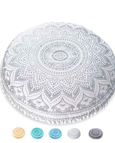 Mandala Life ART Yoga Decor Floor Cushion Cover - Round Meditation Pillow Case - Hand Printed Organic Cotton Pouf