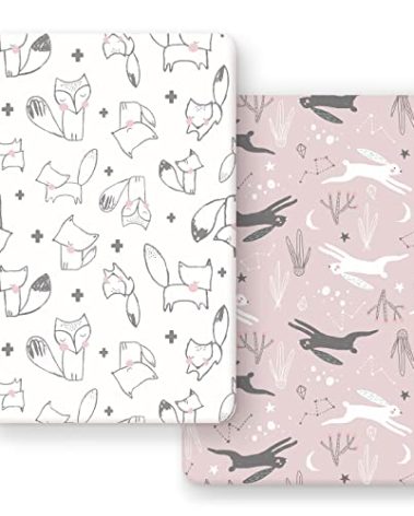 GRSSDER Stretchy Ultra Soft Jersey Knit Pack n Play Sheets Set 2 Pack, Portable/Mini Cribs Playard Sheets, Cute Foxes and Rabbits for Baby Girls and Boys