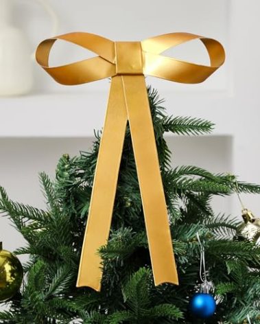 Moxweyeni Large Christmas Metal Bow Tree Topper Ornaments with Clip Gold Christmas Bow Decoration for Xmas Tree Topper Garland Wreath Indoor Outdoor Decor, 9 x 12 Inches
