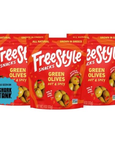 Freestyle Snacks Olive Snack Packs - As Seen on Shark Tank - Fresh Pitted Green Olives, Jumbo-Sized, Grown in Greece, All Natural, Non-GMO, Sugar-Free, Salty Snack - Hot & Spicy, 4oz (3 Pack)