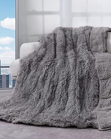 Cottonblue Weighted Blanket 12lbs for Twin Bed, Faux Fur Sherpa Weighted Blanket for Adults, Plush Cozy Bed Blanket with Ceramic Beads for Calm and Relax, Grey, 48x72 inches