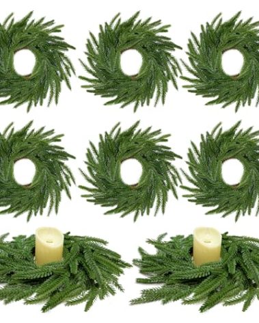 13.5 Inch Norfolk Pine Wreath Candle Rings, 6 Pcs Realistic Soft and Full Mini Christmas Wreath Table Centerpieces Candle Wreaths for Pillar Candles Cedar Small Wreaths for Cabinets Kitchen Windows