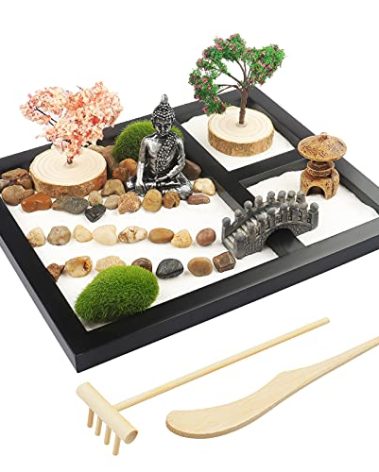 Sakura Budah Desktop Mini Zen Garden - 9" x 7" with White Sand, Artificial Bonsai Tree, Rocks, Rakes & Accessories - Meditation Gift for Office Decor