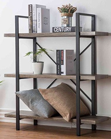 HSH 3-Shelf Bookcase, Rustic Gray 3 Tier Bookshelf, Vintage Industrial Wooden and Metal Display and Storage Bookshelves Tower for Home Office Livingroom Bedroom Light Grey Oak