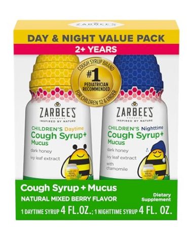 Zarbee's Children’s Honey Cough Syrup + Mucus Day & Night Value Pack, Daytime & Nighttime Toddler Cough Syrup, Dark Honey, Ivy Leaf Extract, Chamomile, Mixed Berry Flavor, 2X 4 Fl Oz