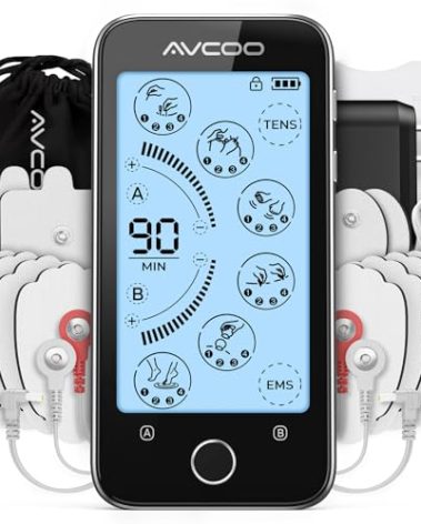 AVCOO Large Touchscreen TENS Unit Muscle Stimulator for Back Pain Relief, TENS Machine with 24 Modes & 20 Levels, Dual-Channel Stim Machine with Rechargeable Battery for 40 Hour-Usage, 12 TENS Pads