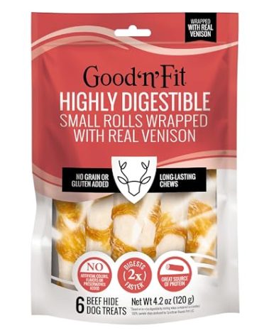 Good ‘n’ Fit Rolls Made with Real Venison, 6 Small Rolls, Treat Your Dog to Long-Lasting and Highly Digestible Rawhide Chews