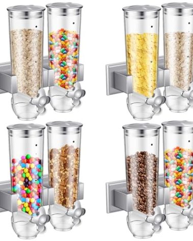 Huwena 4 Sets Cereal Containers Storage,3L Each Set Wall Mounted Cereal Dispenser Dry Food Dispenser Grain Storage Dispenser for Candy Oatmeal Coffee Bean Nuts Food Container (Silver)