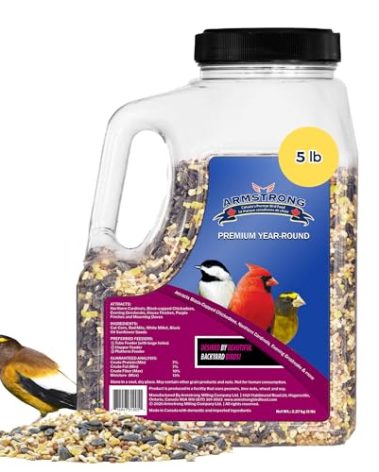 Armstrong Wild Bird Food Premium Year-Round Blend, 5 Pound Jug - with Cut Corn, Red Milo, White Millet & Black Oil Sunflower Seeds - Easy to Carry, Pour & Store