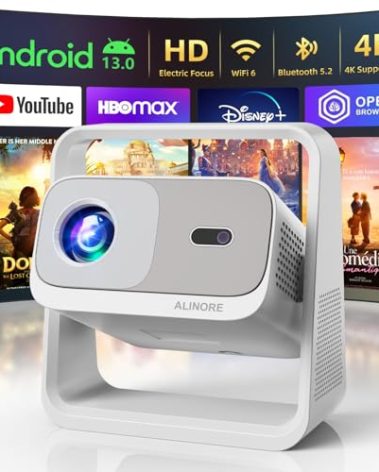 ALINORE Smart Projector with WiFi and Bluetooth, Built-in Apps, Electric Focus & Auto Keystone Portable Outdoor Projecor, Native 1080P Projector 4K Support, Movie Projector for Home Theater (20000LM）