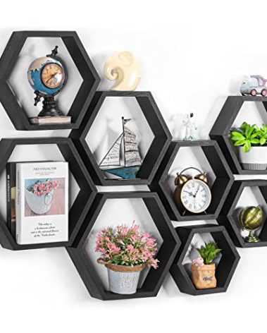 CADUKE Hexagon Shelves for Wall Hexagonal Floating Shelves Set of 8 Honeycomb Wood Shelves for Wall Decor, Hanging Plants Shelf for Living Room Storage Hexagon Racks for Bedroom, Black
