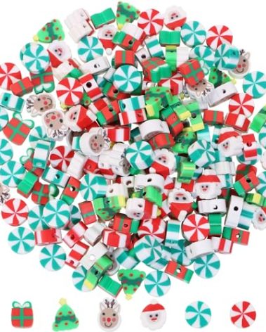 PPhtony 200PCS Christmas Beads Xmas Tree Candy Santa Claus Spacer Clay Beads for Bracelets Earring Jewelry Making Necklaces Resin Key Chains Gifts Art Crafts Projects Ornaments Holiday Party Supplies