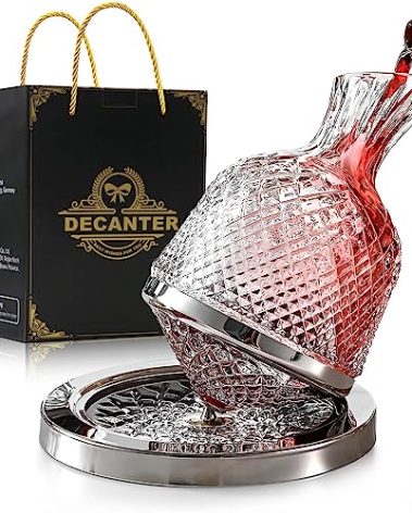 Whiskey Decanter 50oz/1500ml Spinning Wine Decanter, PLKMGF Red Wine Carafe Decanter, Lead-free Crystal Glass Wine Decanters with 360° Rotation, Great Gift for Whisky,Bourbon,Liquor or Scotch Lovers