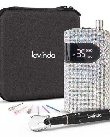 Professional Rechargeable Nail Drill Machine, Lavinda Diamond 35000RPM Electric Nail File Cordless Portable Nail Drill with Coreless Motor for Acrylic Nails, Manicure Pedicure Tool, Crystal Diamond