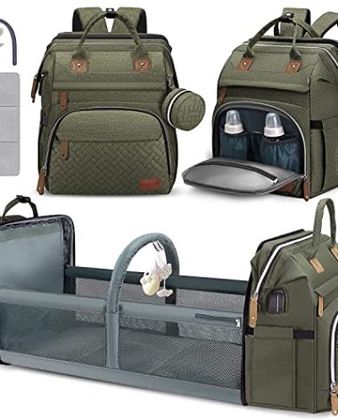 DERJUNSTAR Diaper Bag Backpack, Large Baby Bag with Changing Pad, Thick Padded Back & Straps, Laptop Compartment, Waterproof Travel Backpack with USB Port, Multi-Function for Mom & Dad, Army Green