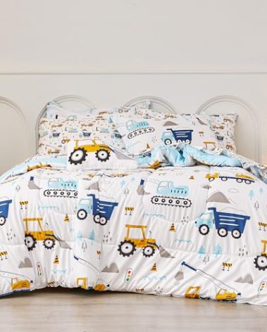 Mooreeke Twin Size Comforter Sets for Girls Kids, 6 Pieces Bed in a Bag Truck Excavator Bedding Comforter Sheet Set with Shams and Decorative Toy Pillow, Ultral Soft Microfiber Kids Bed Set