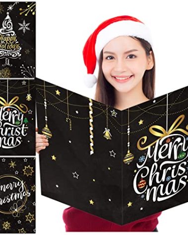 gisgfim 3 Pcs Jumbo Merry Christmas Greeting Cards Large 14 x 21 Inch Size Giant Christmas Cards with Envelopes Happy New Year Holiday Parties Black and Gold Gifts for Boys Girls