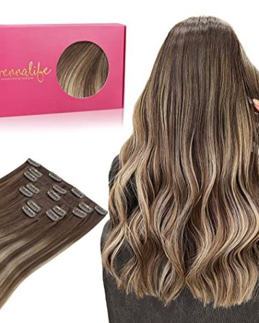 WENNALIFE Clip in Hair Extensions Real Human Hair, 16 Inch 120g 7pcs Balayage Chocolate Brown to Honey Blonde Hair Extensions Clip in Human Hair Remy Clip in Hair Extensions Real Human Hair