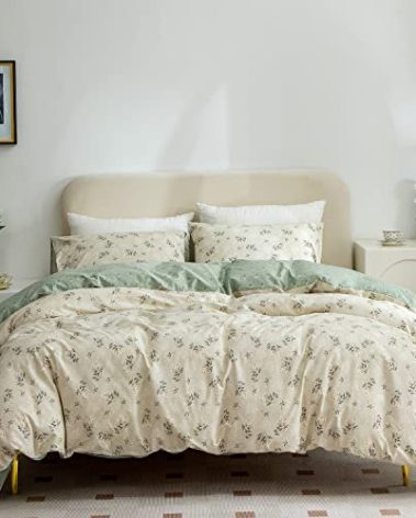 Floral Duvet Cover Set Queen - 100% Cotton 3 Pieces Bedding for Girls, Reversible Chic Garden Style Pattern Printed With Zipper Closure