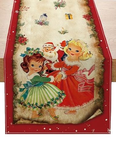Racenaf Vintage Christmas Table Runner Christmas Decors-Red Vintage Style Santa Claus Girls Merry Christmas Winter Xmas Home Kitchen Dining Table Decor, Christmas Party Decors 13 x 72 Inch