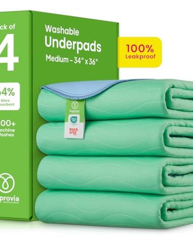 IMPROVIA® Washable Underpads, 34" x 36" (Pack of 4) - Heavy Absorbency Reusable Bedwetting Incontinence Pads for Kids, Adults, Elderly, and Pets - Waterproof Protective Pad for Bed, Couch, Sofa, Floor
