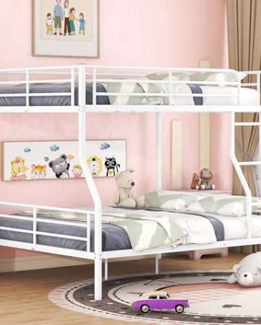 Full XL Over Queen Bunk Bed With Built-in Ladder and Guardrail, Convertible, Heavy Duty Metal, White - for Kids, Teens, Adults