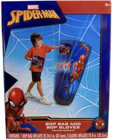 Spiderman Spider-Man Inflatable Bop Bag & Bop Gloves Set Kids Punching Bag with Gloves, Freestanding Superhero Blow Up Bouncing Boxing Bag for Exercise, Durable Heavy Duty Indoor and Outdoor - 34.5"