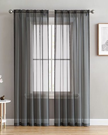 HLC.ME Charcoal Grey Sheer Voile Window Treatment Rod Pocket Curtain Panels for Kitchen, Bedroom and Living Room (54 x 95 inches Long, Set of 2)