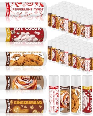 50 Pcs Christmas Lip Balms Bulk Peppermint Candy Cane Gingerbread Hot Cocoa Gifts Cookie Cinnamon Flavor Lip Balm Party Favor Xmas Stocking Stuffers Christmas Bulk Gifts for Coworker Staff Employee