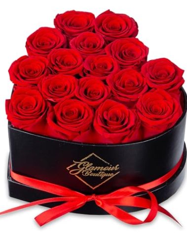 GLAMOUR BOUTIQUE 16 Flower Forever Heart Shape Box, Eternal Preserved Roses Gift for Her, Lasting Flowers, Romantic Floral Keepsake for Birthday, Anniversary or Valentine’s Day, Red (Color-Treated)