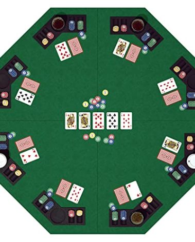 48 Inch Foldable Poker Table Top for 8 Players, Octagon Poker Table Topper with Chips Tray & Cup Holders, Professional Texas Hold’em Poker Table Mat with Carrying Bag for Card Casino Games (Green)