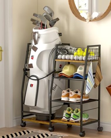 DAOUTIME Golf Bag Garage Storage Rack with Wheels, Organizer for Single Golf Bag and Equipment Accessories, Ideal for Home, Garage, Club, Shed, Basement - Sturdy Wood and Metal Construction (Black)