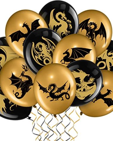 Zomiboo 50 Pieces Dragon Theme Party Supplies, Dragon Theme Party Balloons, Black Gold Birthday Decoration Picks for Fantasy Supplies, 12 Inches