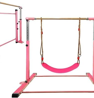 JC-ATHLETICS Gymnastics Bar for Kids Girls Ages 3-15 with Ring for Home Indoor Training Equipment- Steady Steel Construction, Anti-Slip, Easy to Assemble, 3' to 5' Adjustable Height